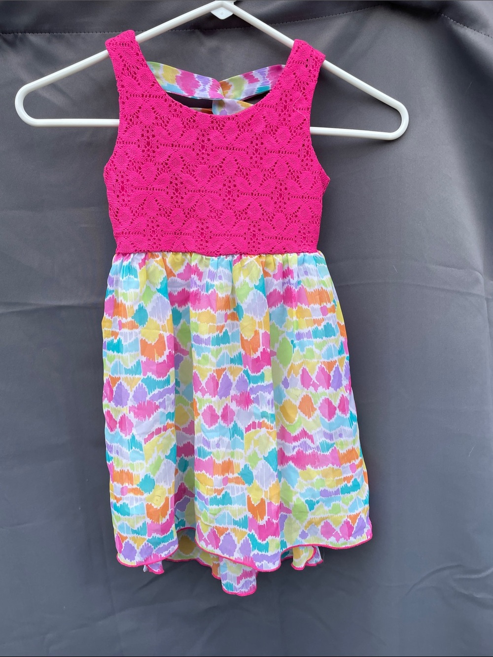 Girls Pink Crochet Top Multicolor Print Dress